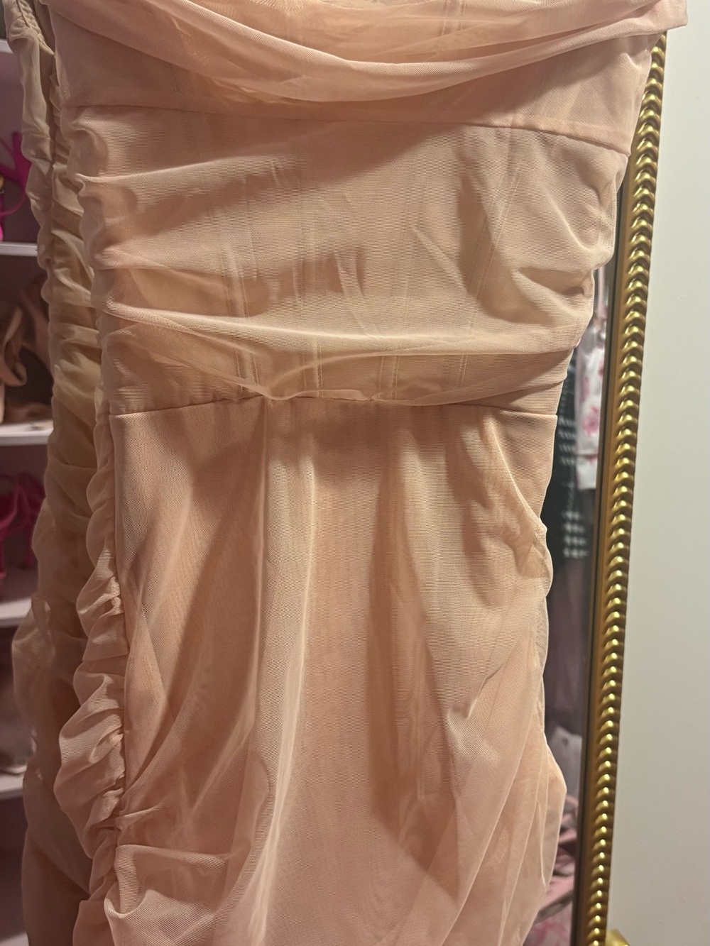 Oh Polly One-Shoulder Ruched Mesh Midi Dress in Blush Pink